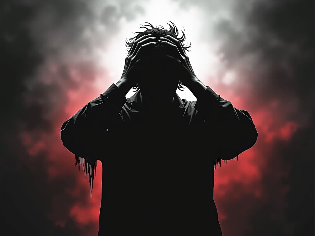  black and white silhouette of a person grasping their head, chaotic background, internal turmoil and conflict. the style is dark fantasy and mysterious occult, symbolic, moody lighting, esoteric vibe,high detail on character design. for the color scheme emphasize blacks and reds.