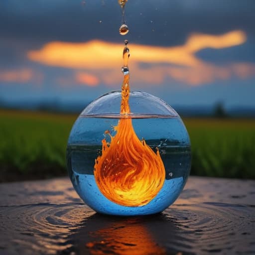 A fire within a droplet of water falling to the ground with the sky in the background in Van Gogh style