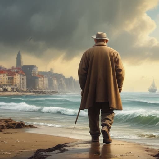 Old Man and Sea in Oil painting style with City background