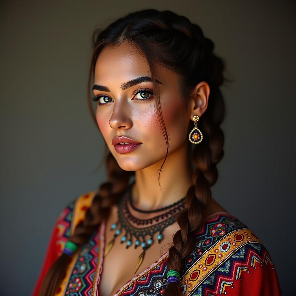  make an image of a mexican woman with two dutch braids boho