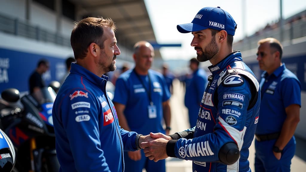  create an ultra realistic image showcasing the yamaha factory team at the wsbk premiere in cremona without jonathan rea. include a detailed scene of the italian driver pairing preparing for the race. show niccolo canepa, the substitute rider, discussing strategy with his team, surrounded by yamaha motorcycles and team gear. emphasize the absence of rea and the team's determination to overcome challenges. incorporate medical professionals in the background, symbolizing rea's focus on recovery. en