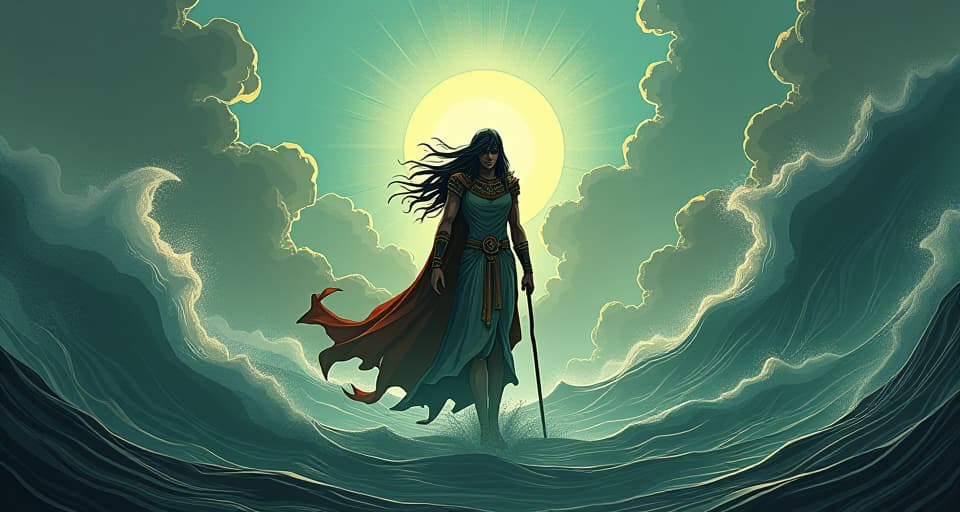  wind, once howling, now a gentle breeze, a figure's commanding presence at its center, a sense of the storm's rage being tamed.. the style is digital art illustration / modern comic book / mysterious occult, symbolic, esoteric vibe,high detail on character design, incorporating ancient egyptian symbology and attire.