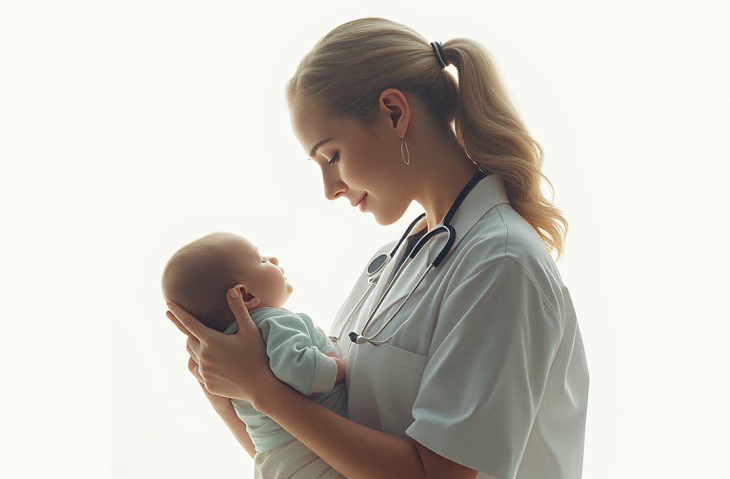  professional detailed photography, girl doctor holding a baby in her arms, in medical clothes, on a white background, sunny day ar 3:2, (muted colors, dim colors, soothing tones), (vsco:0.3)