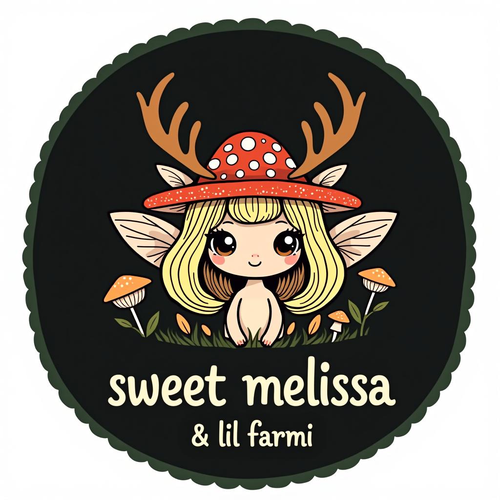  design a logo, mushroom forest fairy with deer antlers and blonde hair , with the text 'sweet melissa & lil farmi'.