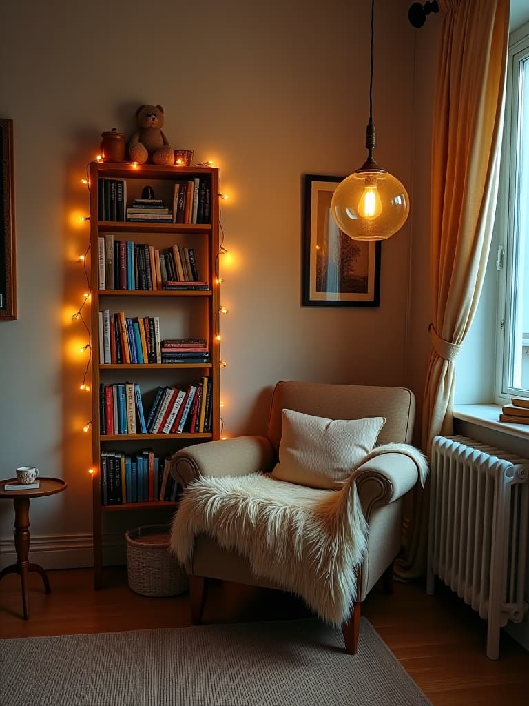  high quality portrait photo of a cozy living room corner with a diy reading nook, featuring a repurposed ladder bookshelf, a thrifted armchair, and string lights for ambiance hyperrealistic, full body, detailed clothing, highly detailed, cinematic lighting, stunningly beautiful, intricate, sharp focus, f/1. 8, 85mm, (centered image composition), (professionally color graded), ((bright soft diffused light)), volumetric fog, trending on instagram, trending on tumblr, HDR 4K, 8K