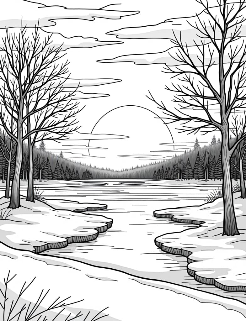  this is for an adult coloring page. a detailed black and white line art of a snowy winter sunset over a frozen lake on a solid white background.