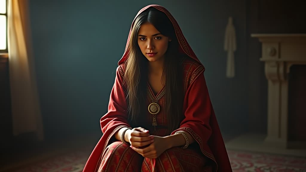  history of biblical times, rachel cleverly hides the idols, shown seated and pretending to be unwell to avoid detection. hyperrealistic, full body, detailed clothing, highly detailed, cinematic lighting, stunningly beautiful, intricate, sharp focus, f/1. 8, 85mm, (centered image composition), (professionally color graded), ((bright soft diffused light)), volumetric fog, trending on instagram, trending on tumblr, HDR 4K, 8K