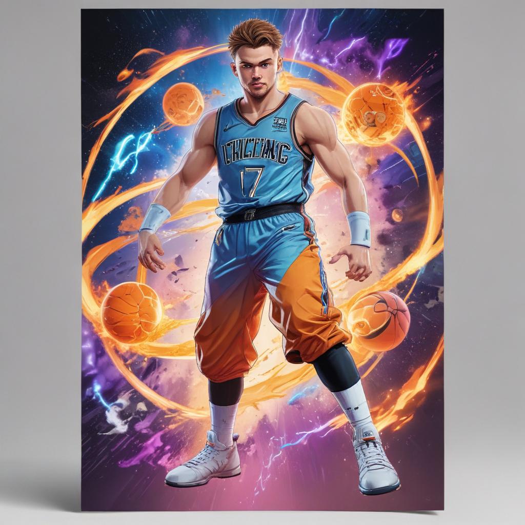 distance-shot, flashy, full-body, dynamic, holographic, animated cartoon poster of luka doncic in the style of dragon ball super