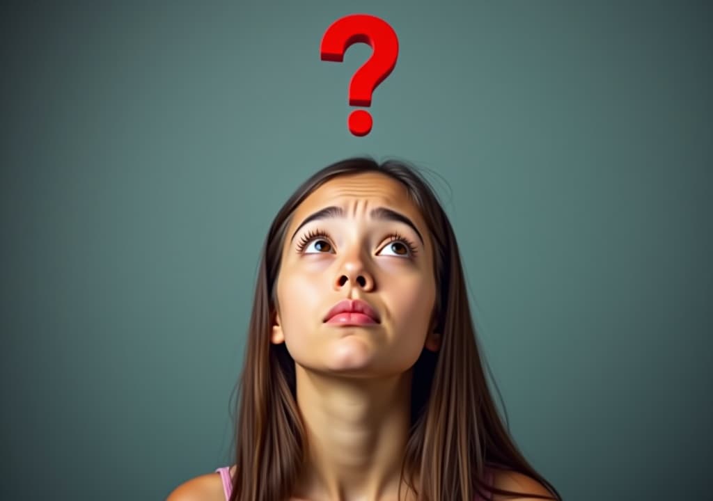  young woman looking up with a confused expression and a floating question mark above her head, representing uncertainty and contemplation.