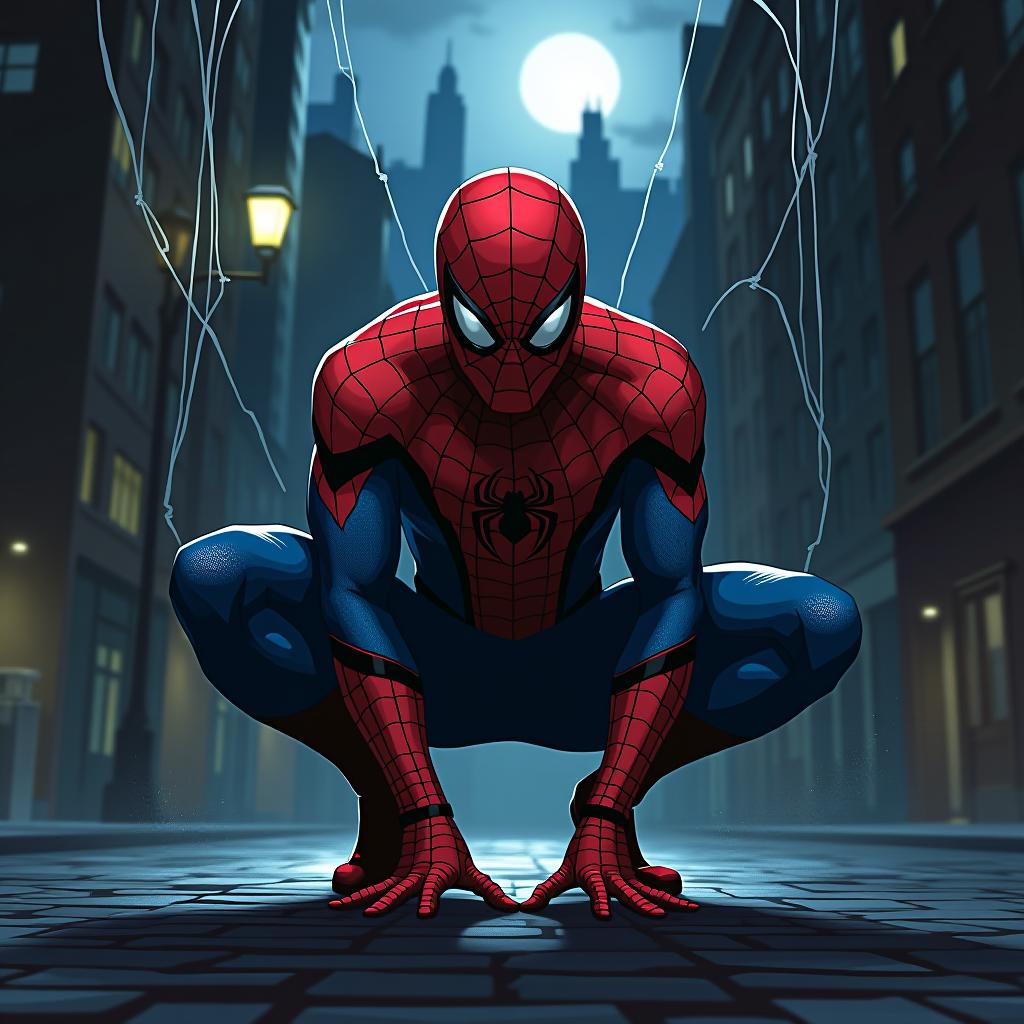  create an image of spider man, portrayed in a creepy, eerie style. the character is crouched on a dimly lit city street, with shadows casting ominous shapes around him. his red and blue costume is tattered, hinting at a battle fought in the darkness. the moonlight glimmers off his glossy, reflective eyes, which seem to glow with an unsettling intensity. cobwebs hang in the air, intertwining with twisted streetlights, and distorted reflections of the city loom in the background, creating a haunting atmosphere. use a blend of dark colors and high contrast to enhance the tension and unease in the scene. (ultra realistic) (creepy)