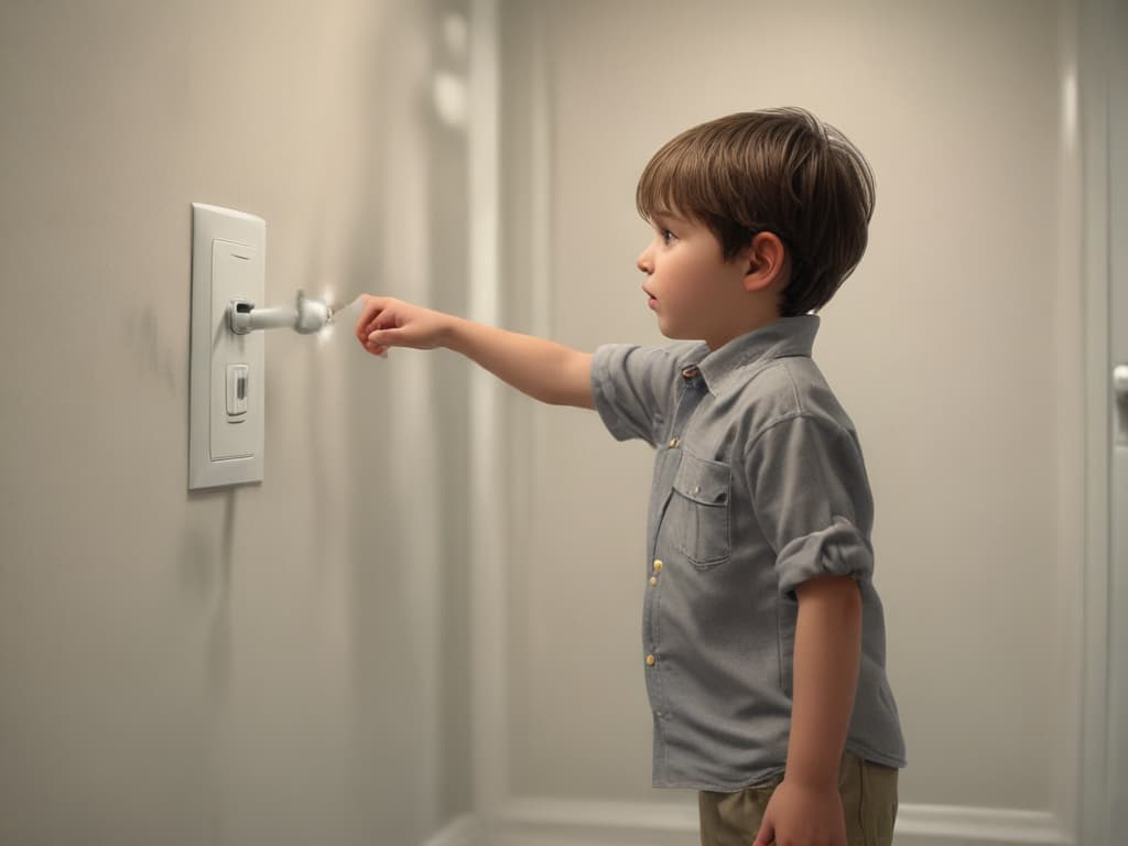 ultra realistic ((ultra realistic ((a child flipping off a light switch before leaving)))) hyperrealistic, full body, detailed clothing, highly detailed, cinematic lighting, stunningly beautiful, intricate, sharp focus, f/1. 8, 85mm, (centered image composition), (professionally color graded), ((bright soft diffused light)), volumetric fog, trending on instagram, trending on tumblr, HDR 4K, 8K