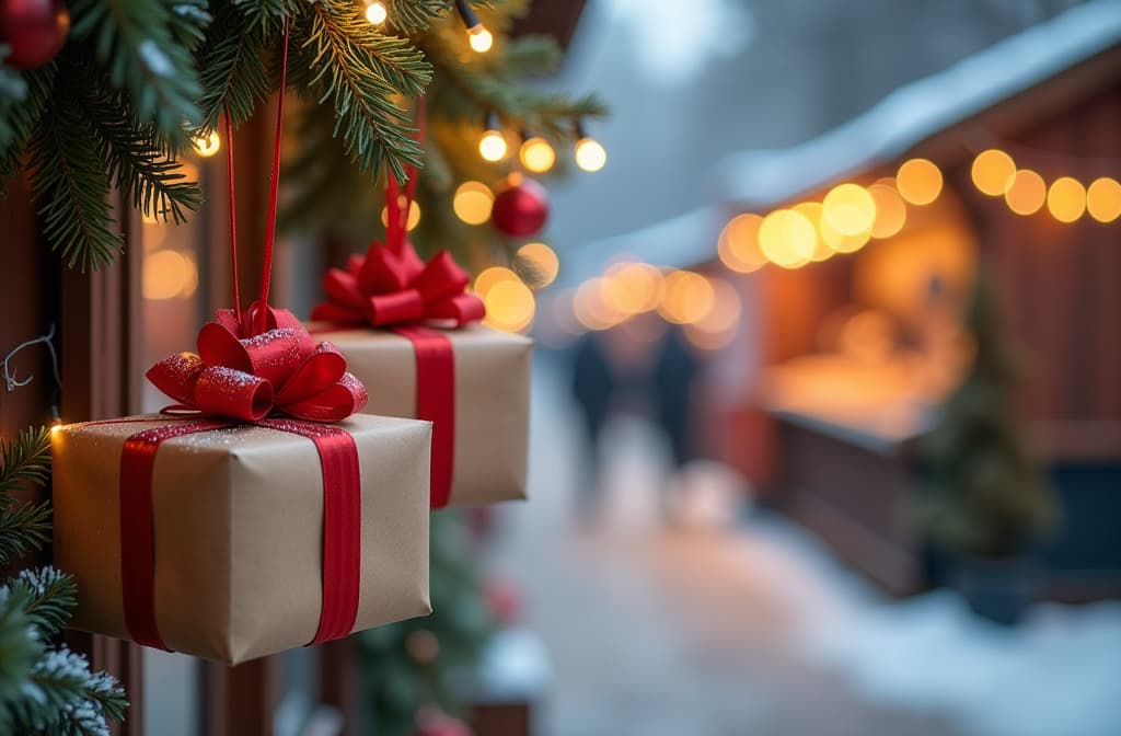  3 gifts in brown wrapping and red ribbon hanging on illuminating garland at the top, free space at the center, a bit of snow at the bottom, blur xmas market front view on the background, festive {prompt}, maximum details