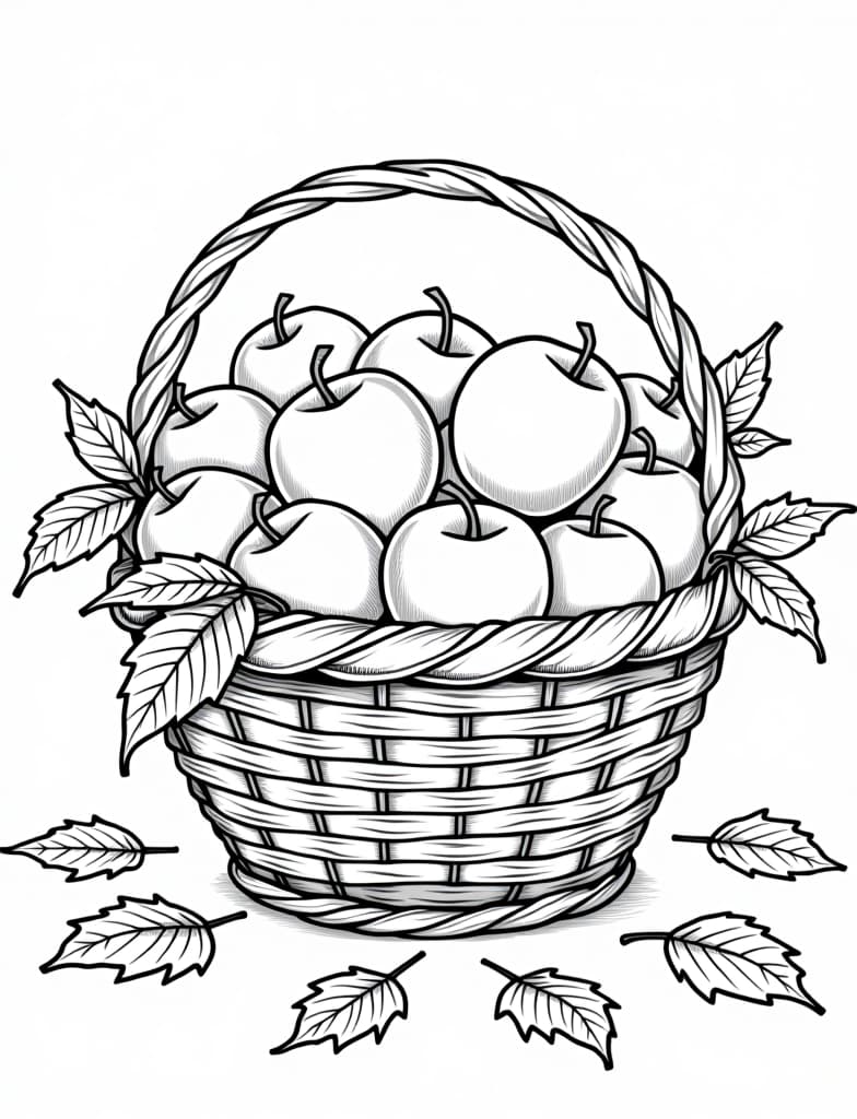  a basket of freshly picked apples with scattered autumn leaves, black and white line art on a white background, for an adult coloring page.