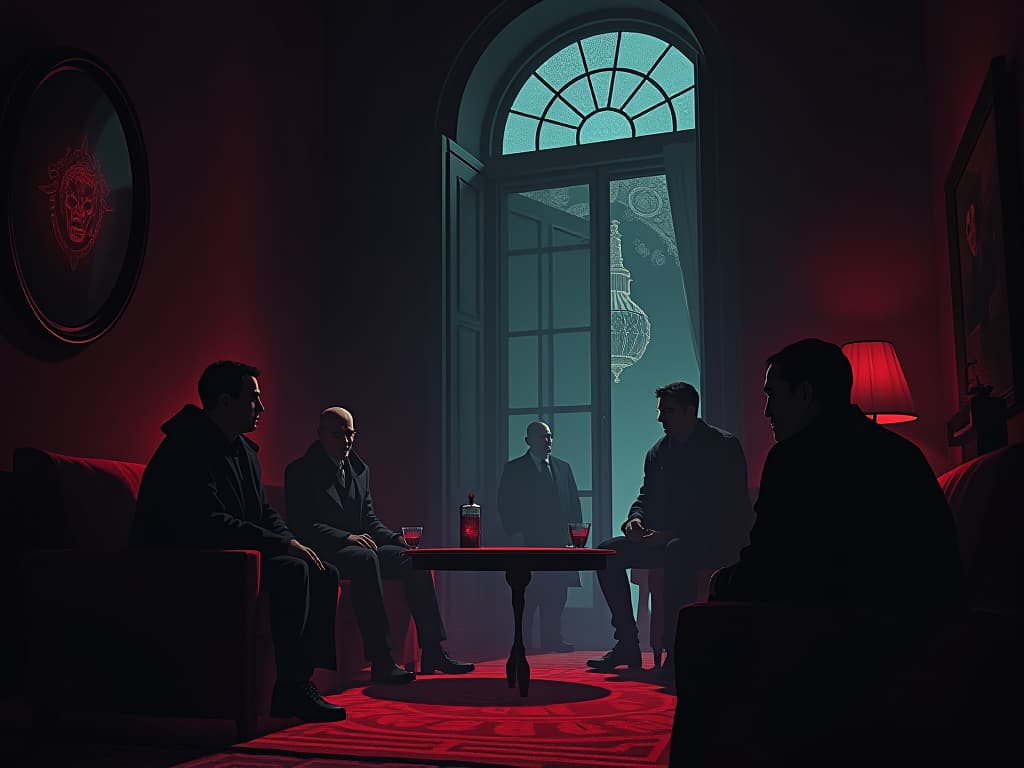  dimly lit room with faint echoes of laughter, shadowy figures enjoying, atmosphere of recollection. the style is digital art illustration / modern comic book / graphic dark novel fantasy and mysterious occult, symbolic, moody lighting, esoteric vibe,high detail on character design. for the color scheme emphasize blacks and reds.