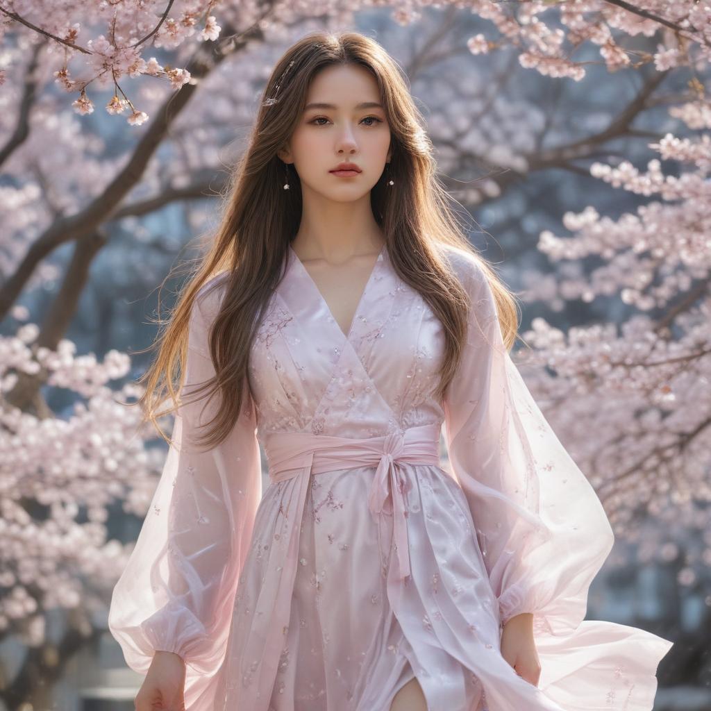 ((masterpiece)),(((best quality))), 8k, high detailed, ultra detailed, A girl with long hair in the style of Haruhiko Mikimoto, long flowing hair, (anime style eyes), (soft pastel colors), (cherry blossom petals floating in the background) hyperrealistic, full body, detailed clothing, highly detailed, cinematic lighting, stunningly beautiful, intricate, sharp focus, f/1. 8, 85mm, (centered image composition), (professionally color graded), ((bright soft diffused light)), volumetric fog, trending on instagram, trending on tumblr, HDR 4K, 8K