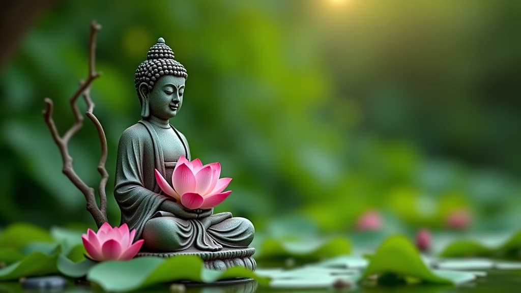  a tranquil scene of a buddha statue decorated with lotus flowers, green leaves and branches reveals the beauty of peace and nature