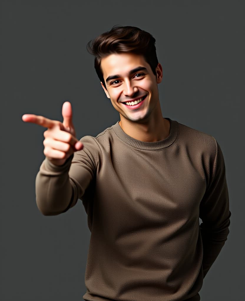  hdr photo of a pretty smiling man, waist high, points with her hand to the side to a place to copy from the side, at waist level, on a gray background . high dynamic range, vivid, rich details, clear shadows and highlights, realistic, intense, enhanced contrast, highly detailed