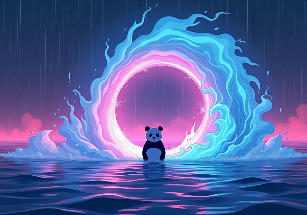  anime, anime sytle, anime image, cartoon, real cartoon, real anime, a captivating scene featuring a rain of electric blue fire and a vortex of soft pink water, with the silhouette of a panda in the middle, shot on olympus om d e m1x, displaying a photorealistic, volumetric, and dynamic appearance