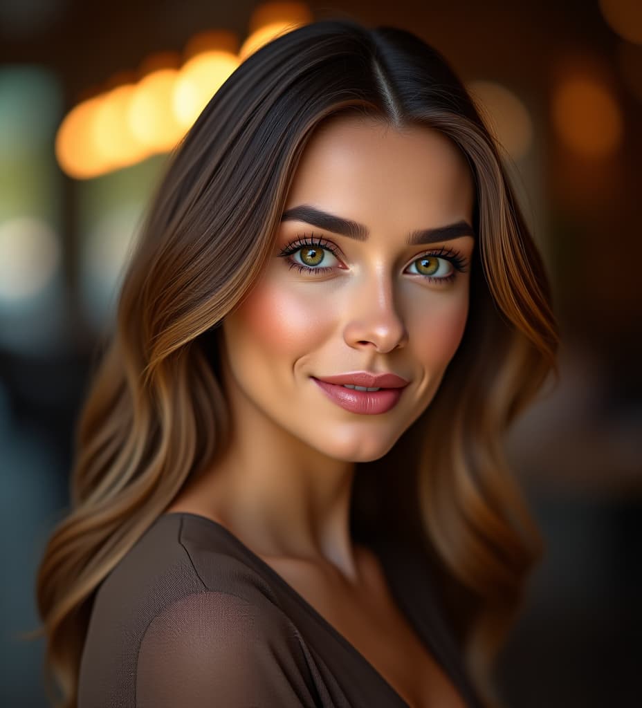  elegant woman headshot, high key lighting, smooth skin, perfect hair, soft smile, bokeh background, portrait photography.