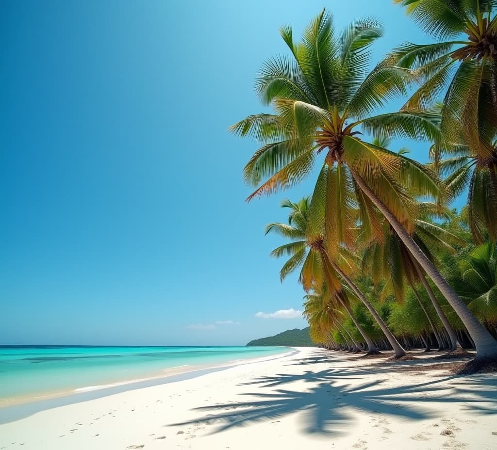  tropical beach with palm trees and blue sky