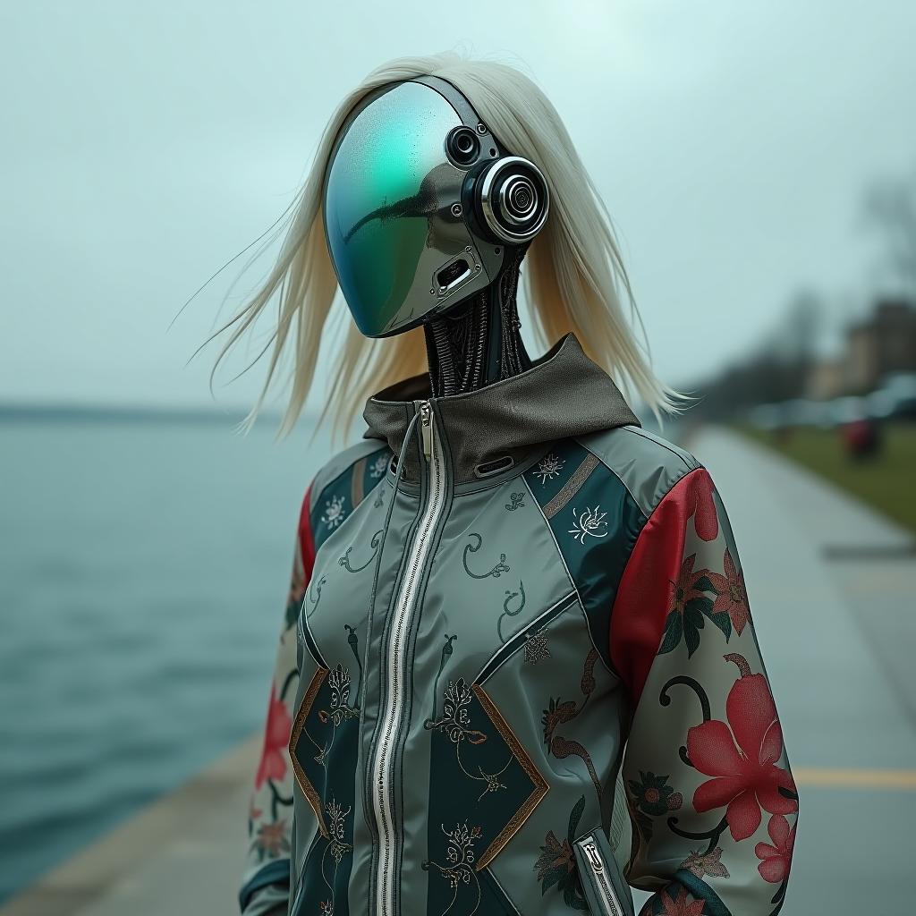  cybernetic robot hdr foto, skinny anorexic female faceless cyborg, (((wires in head mechanical parts ultra reflective faceplate:1.2))), wind blow long white nalvy hair, cyborg decorated with patterns and inscriptions, the signature colors green red grey of the gucci the raincoat, (((horizon line reflected on faceplate, (((mechanical section of the abdomen and waist:1.4))), (((ultra thin waist and very skinny legs:1.3))), (((the wind blows your hair:1.6))), reflect horizon in faceplate, (((tight transparent colors reflected color pvc clothing transparent color vinyl clothing prismatic holographic chromatic aberration short unbuttoned raincoat with print decore glows slightly intricate detail))), on concrete embankment of sea curvy 