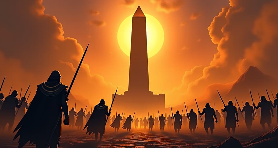  a towering, indestructible obsidian obelisk rising above a chaotic battlefield, warriors falling before it, morning sun reflecting off its surface, symbolizing undeniable resilience. the style is digital art illustration / modern comic book / mysterious occult, symbolic, esoteric vibe,high detail on character design, incorporating ancient egyptian symbology and attire.