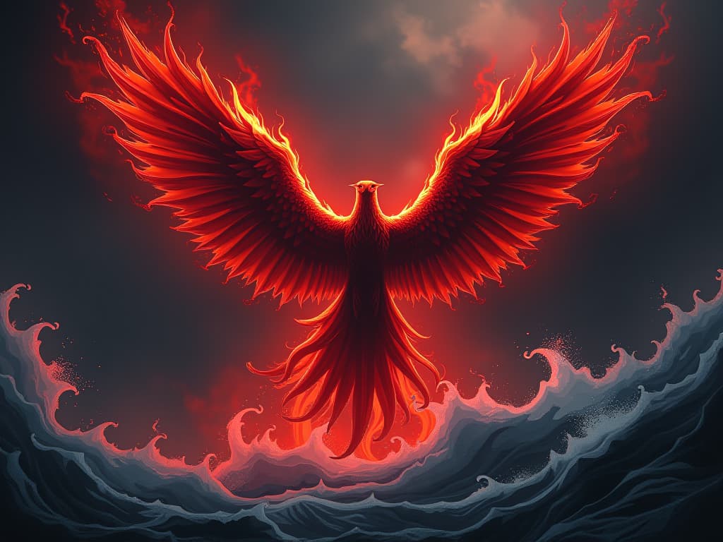  mythical phoenix in red flames, soaring above a tempestuous sea, symbol of transcending the ordinary. the style is digital art illustration / modern comic book / graphic dark novel fantasy and mysterious occult, symbolic, moody lighting, esoteric vibe,high detail on character design. for the color scheme emphasize blacks and reds.