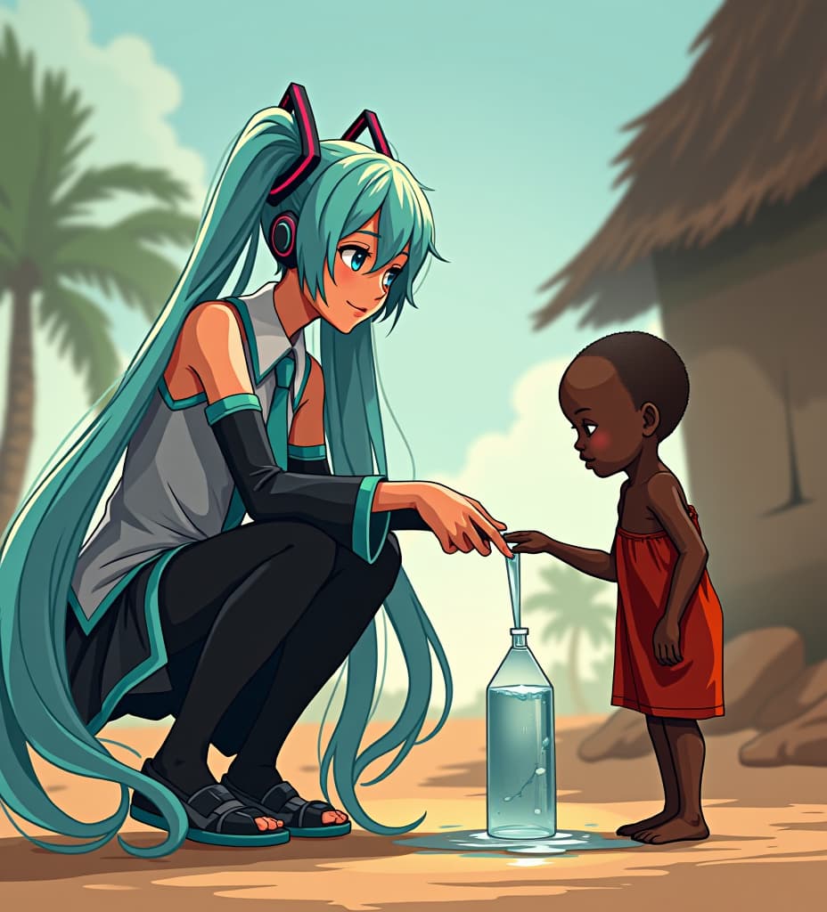  hatsune miku donating water to a skinny african child, half realistic, miku is in digital art design while being semi realistic, but african child is realistic