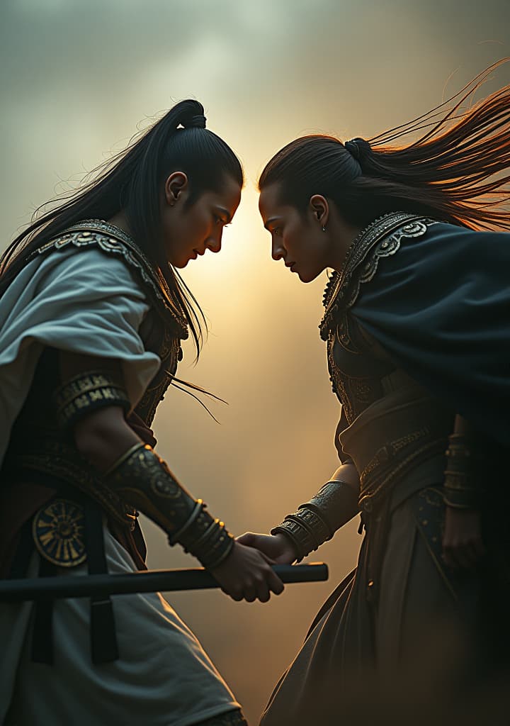  the two tribes, one of light warriors and the other of shadow seekers, fighting each other for power and justice. hyperrealistic, full body, detailed clothing, highly detailed, cinematic lighting, stunningly beautiful, intricate, sharp focus, f/1. 8, 85mm, (centered image composition), (professionally color graded), ((bright soft diffused light)), volumetric fog, trending on instagram, trending on tumblr, HDR 4K, 8K