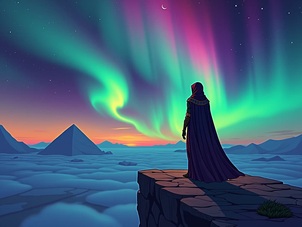  a robed figure, standing on a high cliff, looking towards a colorful aurora in the night sky, symbolizing connection to the higher realms. the style is digital art illustration / modern comic book / mysterious occult, symbolic, esoteric vibe,high detail on character design, incorporating ancient egyptian symbology and attire.