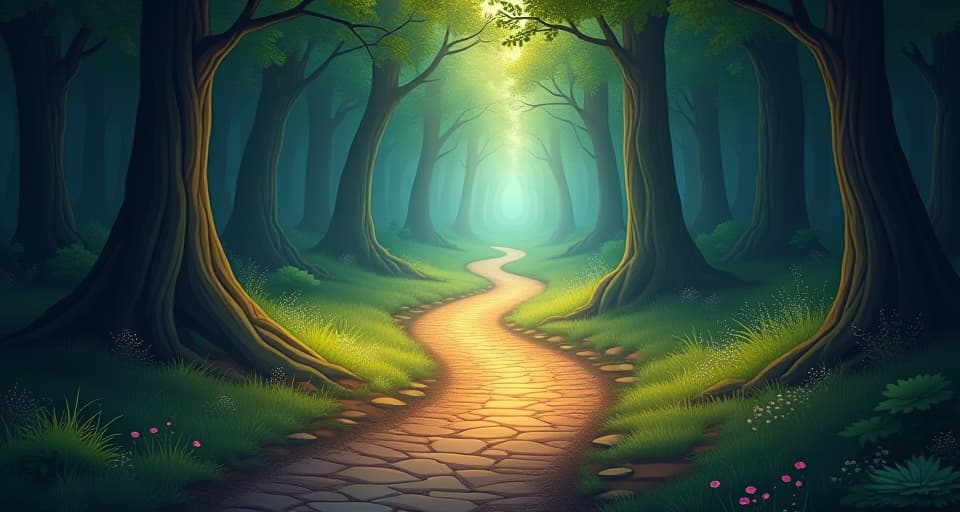  a sacred, glowing pathway winding through an enchanted forest. radiant light filters through the trees, guiding the viewer on a path less traveled.. the style is digital art illustration,highly detailed, whimsical,magical, dreamlike atmosphere, realism and fantasy blend, smooth, glossy textures,luminous quality, wonder and enchantment.