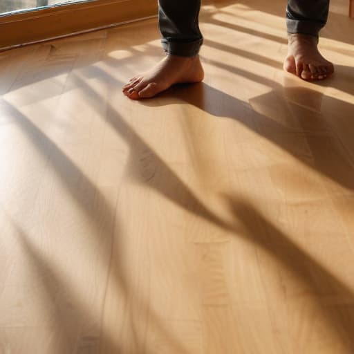 A photo of a skilled craftsman meticulously laying down hardwood flooring in a spacious, sunlit living room during the early afternoon with warm, golden sunlight streaming through the windows, casting long shadows across the beautifully polished wood.