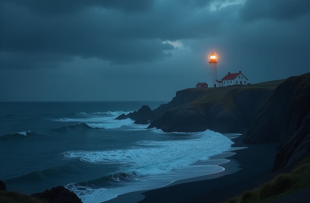  professional detailed photography, storm at night at sea in iceland, lighthouse is shining ar 3:2, (muted colors, dim colors, soothing tones), (vsco:0.3)