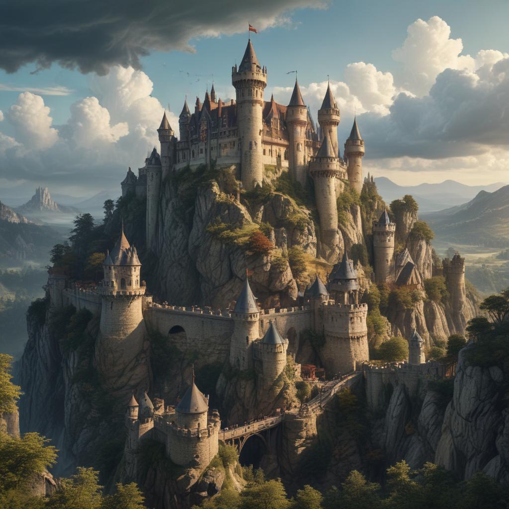 A scene from a fantasy world with castles, dragons, and knights.