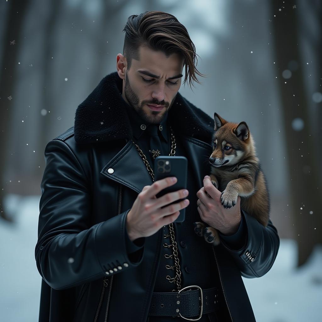  gothic style a handsome man, in a leather outfit, with a small wolf cub in his hand, takes a picture of himself on his phone, against the backdrop of winter, at night . dark, mysterious, haunting, dramatic, ornate, detailed