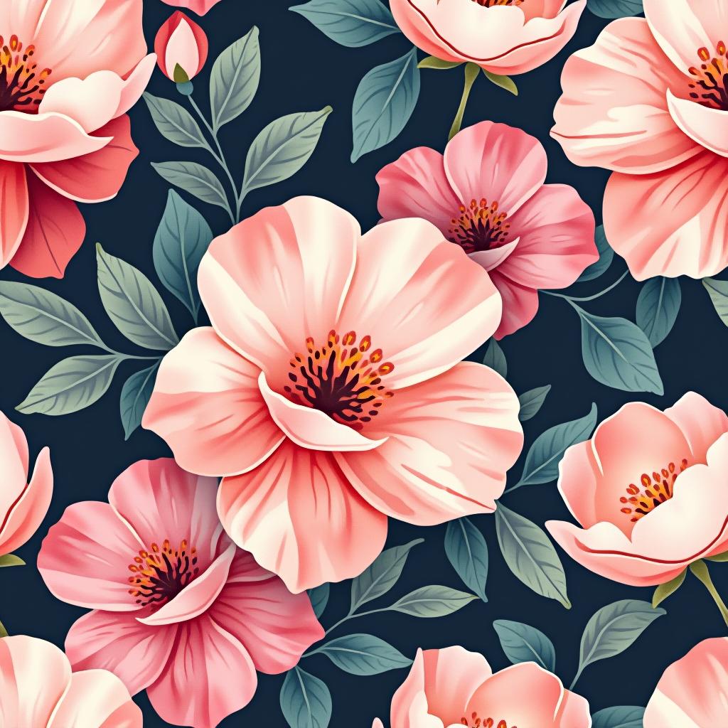  create a seamless digital design featuring a pattern of large, beautiful flowers with soft, watercolor like effects. the flowers should cover the entire surface, creating a bold, elegant, and continuous look. the overall style should be light and airy, with delicate leaves and petals to enhance the natural, floral theme. the design should be seamless to ensure it can be used in repeating patterns or wraps.