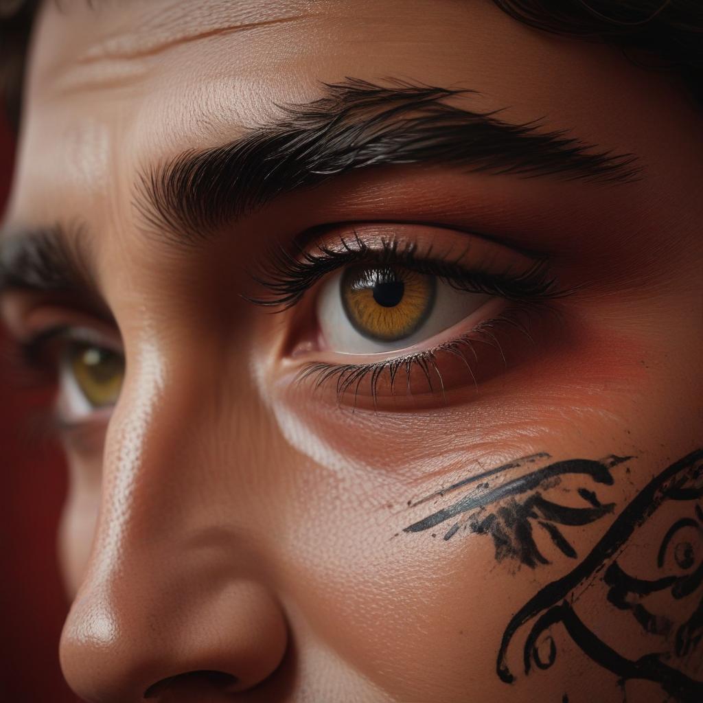 A poignant close up of Achilles' eyes, a mix of vulnerability and strength reflected in their depths, the weight of his true identity visible in his gaze, hinting at the challenges and choices ahead, shot with a soft focus to convey the emotional complexity of the moment"in the style of classical Greek pottery art, with intricate black figures on a red background, depicting mythological scenes with a focus on gods and heroes, using a limited color palette of red, black, and white"This image is a breathtaking painting that captures the magical scene with vivid detail. The overall composition is spellbinding, showcasing a perfect harmony. photorealism fantasy, unreal engine 5, concept hyperrealistic, full body, detailed clothing, highly detailed, cinematic lighting, stunningly beautiful, intricate, sharp focus, f/1. 8, 85mm, (centered image composition), (professionally color graded), ((bright soft diffused light)), volumetric fog, trending on instagram, trending on tumblr, HDR 4K, 8K