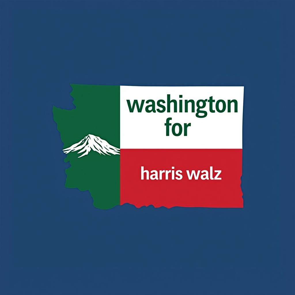  a tshirt design inspired by the washington state flag. the left side features a green vertical stripe with a large mountain in the center. the right side is divided into two horizontal sections: the top section is white with the text 'washington for' in bold, green, uppercase letters, and the bottom section is red with the text 'harris walz' in bold, white, uppercase letters. the overall layout is clean and straightforward, with a clear and patriotic color scheme of blue, white, and red.