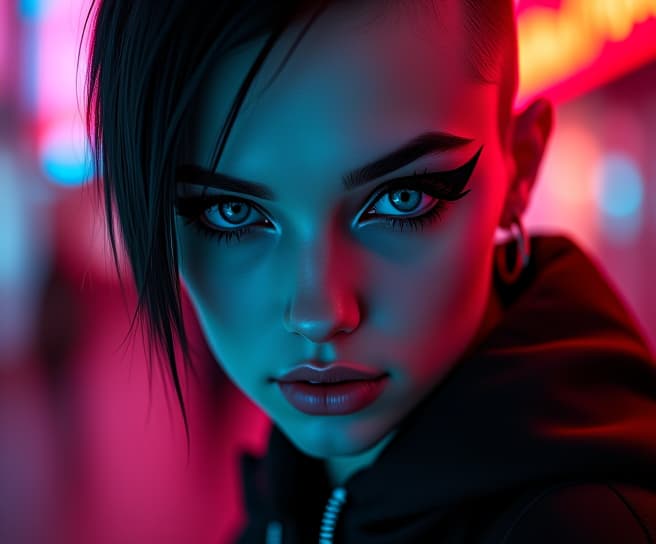  ultra realistic close up portrait ((beautiful pale cyberpunk female with heavy black eyeliner)), blue eyes, shaved side haircut, hyper detail, cinematic lighting, magic neon, dark red city, canon eos r3, nikon, f/1.4, iso 200, 1/160s, 8k, raw, unedited, symmetrical balance, in frame, 8k hyperrealistic, full body, detailed clothing, highly detailed, cinematic lighting, stunningly beautiful, intricate, sharp focus, f/1. 8, 85mm, (centered image composition), (professionally color graded), ((bright soft diffused light)), volumetric fog, trending on instagram, trending on tumblr, HDR 4K, 8K