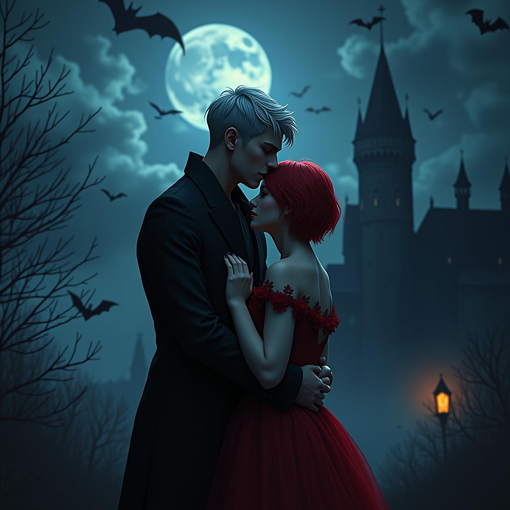  art, a vampire couple in love, at night against the background of a gothic castle, bats are flying in the sky, a guy stands behind and hugs a girl around the waist, a girl has short red hair, a guy has short white hair, they eyes are burning hyperrealistic, full body, detailed clothing, highly detailed, cinematic lighting, stunningly beautiful, intricate, sharp focus, f/1. 8, 85mm, (centered image composition), (professionally color graded), ((bright soft diffused light)), volumetric fog, trending on instagram, trending on tumblr, HDR 4K, 8K