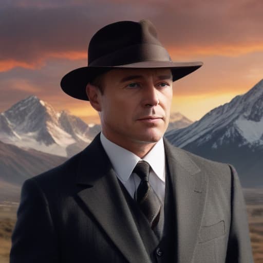 Reymond reddington in Mythological style with Mountains background