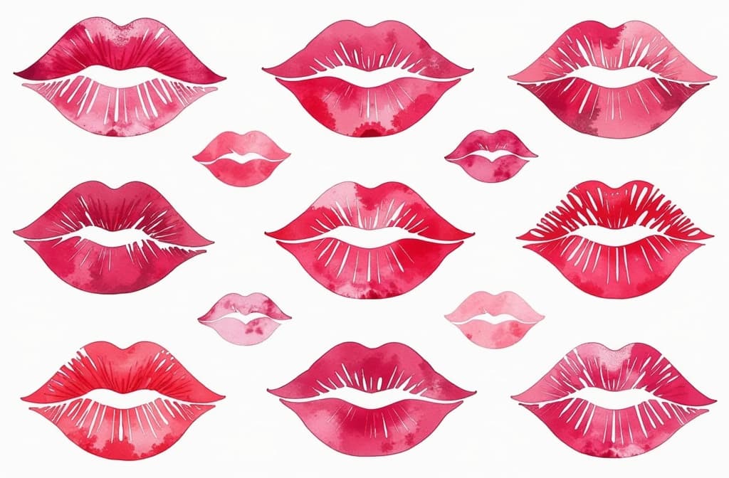  artwork repeating pattern of lipstick imprints in the shape of lips on a white background ar 3:2, watercolor techniques, featuring fluid colors, subtle gradients, transparency associated with watercolor art