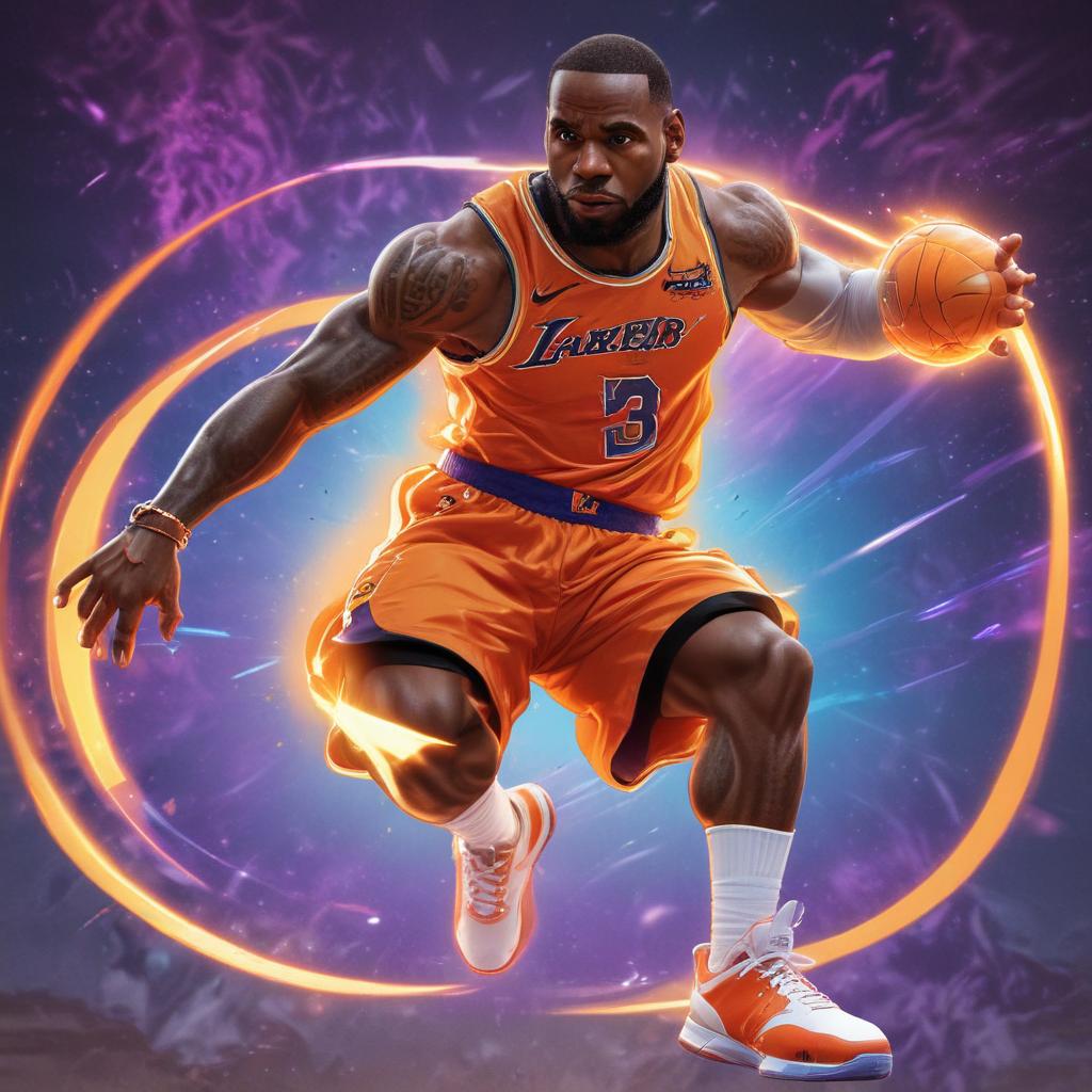 distance-shot, flashy, full-body, dynamic, holographic, animated cartoon poster of lebron james in the style of dragon ball super