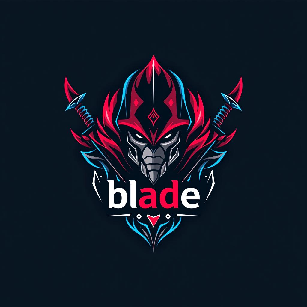  design a logo, logo emblème, avec le texte écrit ‘blade’, thème samouraï, rouge et bleu.