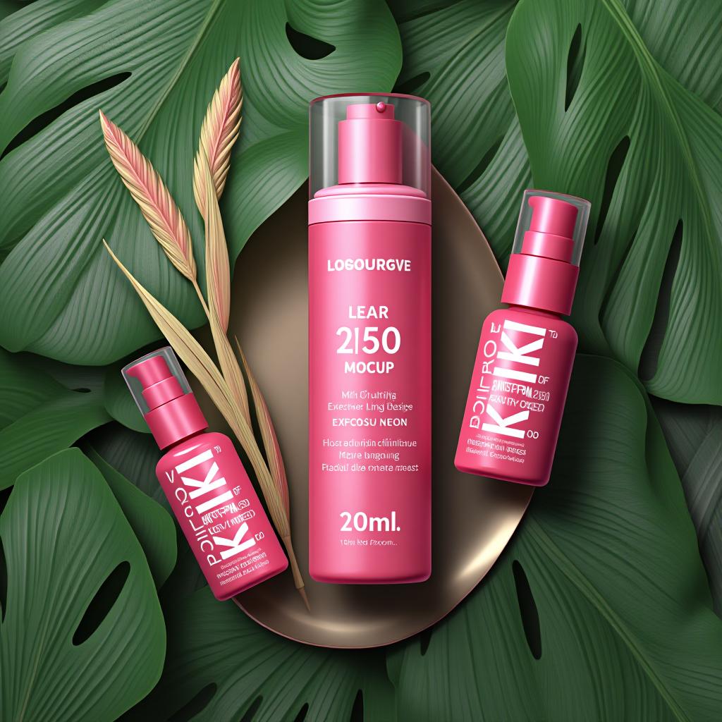  pink beauty product mockup on tropical leaves background., high quality, high details, hd, perfect composition, 4k epic detailed, highly detailed, sharp focus, high resolution