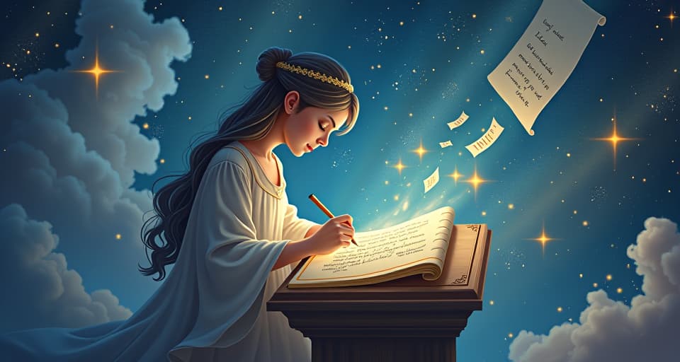  a celestial scribe, transcribing divine messages onto floating scrolls illuminated by a holy light. surrounded by ethereal patterns and stars, the scene is imbued with reverence and awe, reflecting the outpouring of the divine spirit.. the style is digital art illustration,highly detailed, whimsical,magical, dreamlike atmosphere, realism and fantasy blend, smooth, glossy textures,luminous quality, wonder and enchantment.