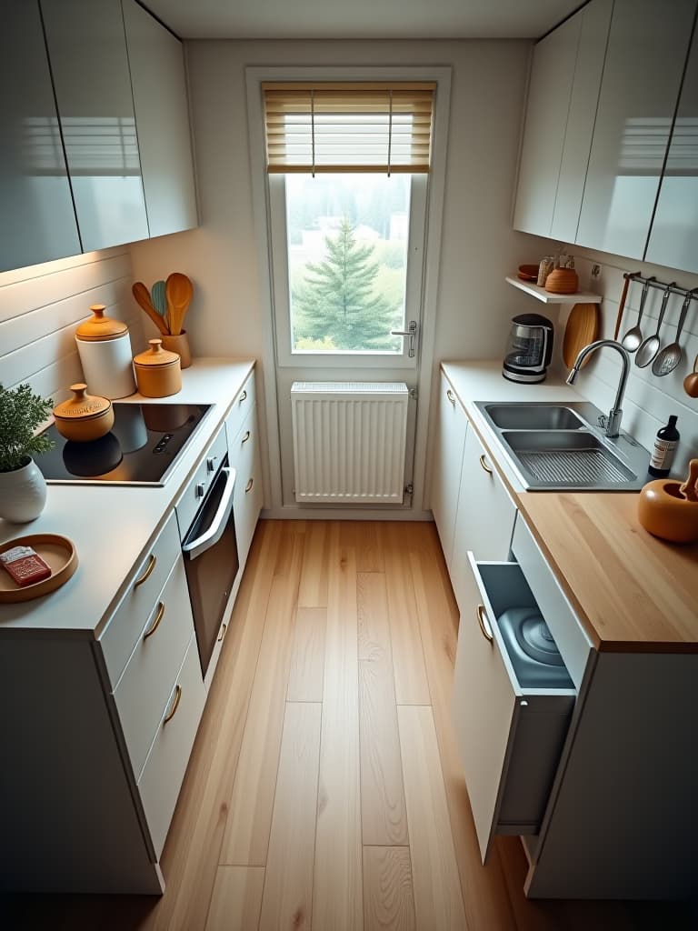  high quality portrait photo of a bird's eye view of a pristine, minimalist small kitchen with clever storage solutions, featuring pull out drawers, hanging utensils, and a fold down table hyperrealistic, full body, detailed clothing, highly detailed, cinematic lighting, stunningly beautiful, intricate, sharp focus, f/1. 8, 85mm, (centered image composition), (professionally color graded), ((bright soft diffused light)), volumetric fog, trending on instagram, trending on tumblr, HDR 4K, 8K