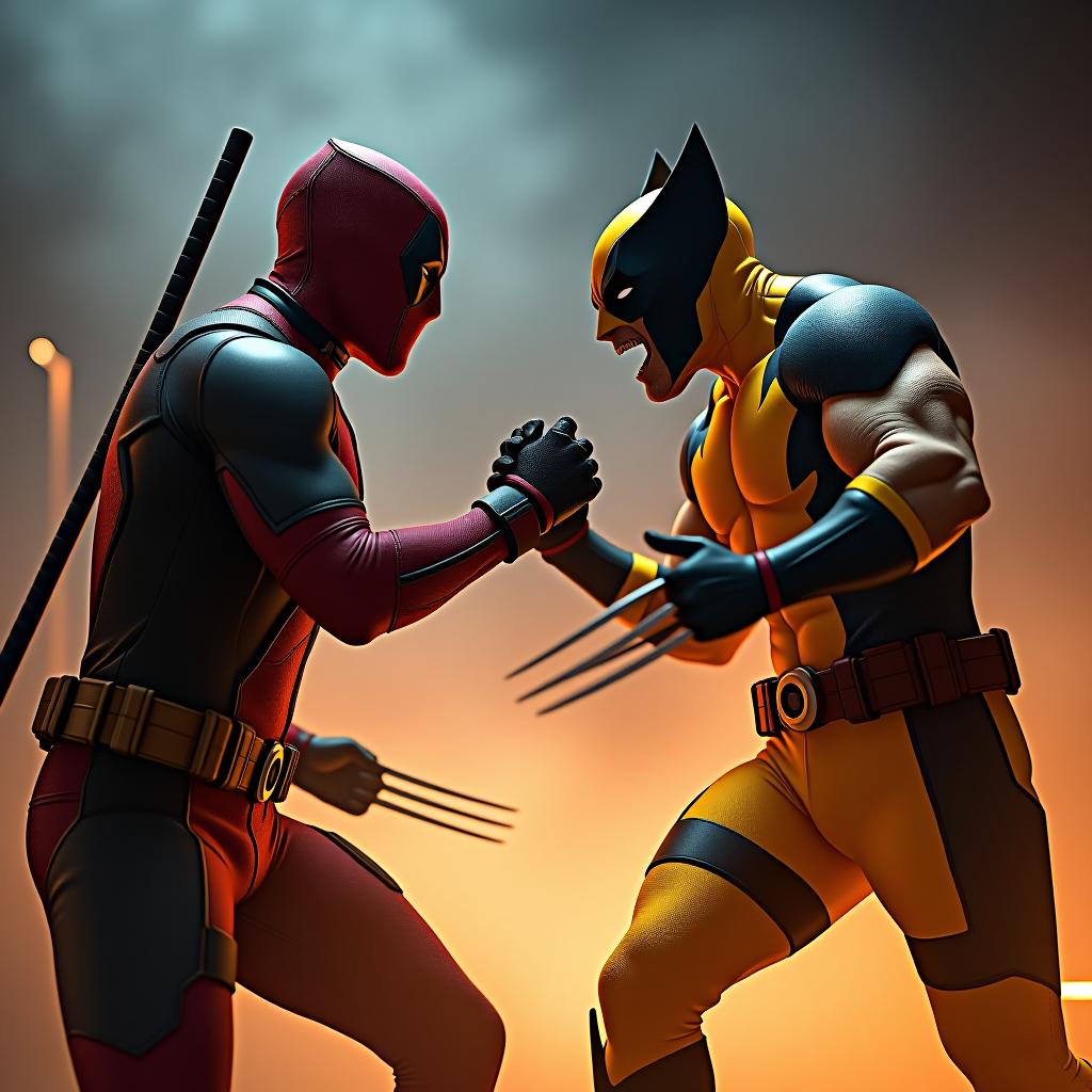  deadpool and wolverine fight hyperrealistic, full body, detailed clothing, highly detailed, cinematic lighting, stunningly beautiful, intricate, sharp focus, f/1. 8, 85mm, (centered image composition), (professionally color graded), ((bright soft diffused light)), volumetric fog, trending on instagram, trending on tumblr, HDR 4K, 8K