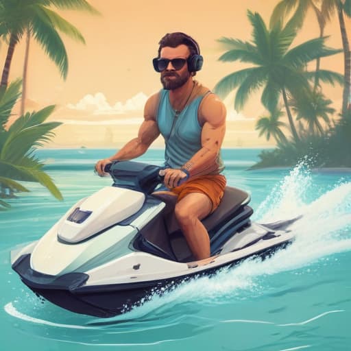 Tropical hipster music producer playing synths and riding jet ski in Cartoon style
