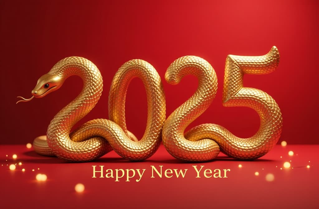  illustration of the number 2025 in the form of a gold colored snake with head and tail, the number 0 in the form of a snake egg, and the text happy new year, on a red background with blurred lights {prompt}, maximum details